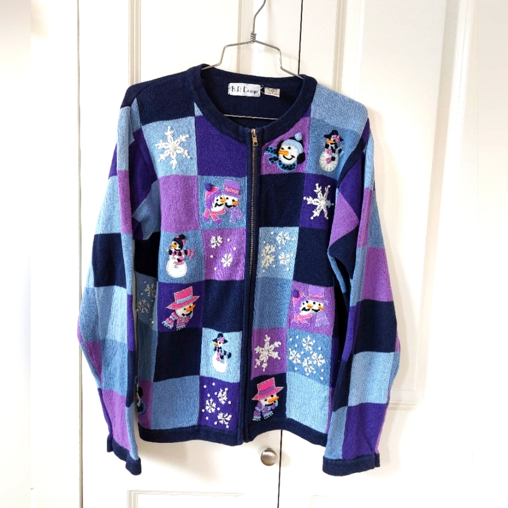 Blue & Purple Checkered Snowman & Snowflake Zip Cardigan Medium Christmas‎